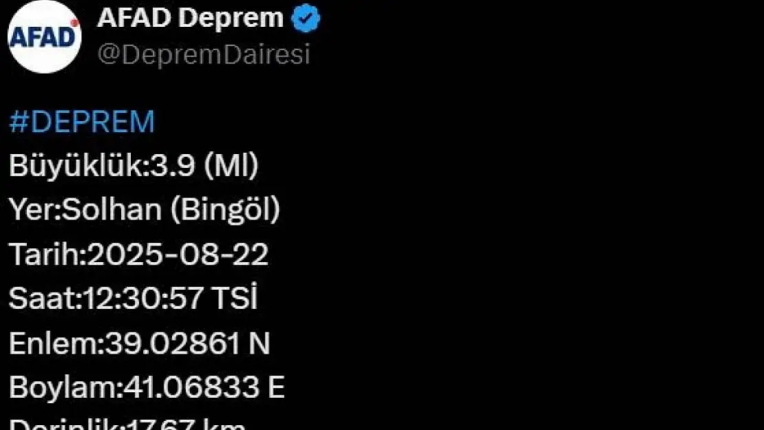 Bingöl'de 3.9 büyüklüğünde deprem