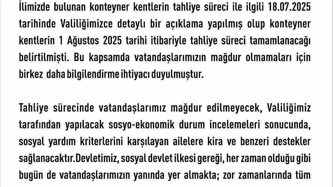 Elazığ'da konteyner kentler yarın tahliye ediliyor