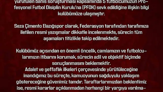 Elazığspor: 'Gelişmeler kulübümüz tarafından izlenmekte'