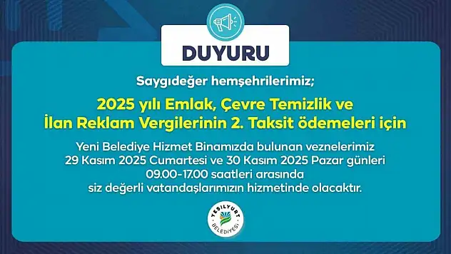 Yeşilyurt Belediye vezneleri, hafta sonu hizmet verecek