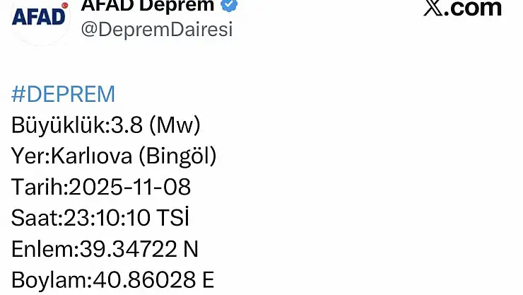 Bingöl'de 3.8 büyüklüğünde deprem