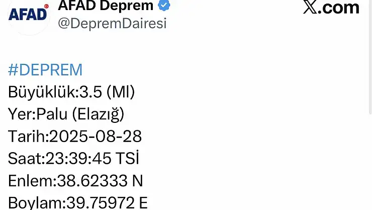 Elazığ'da 3.5 büyüklüğünde deprem