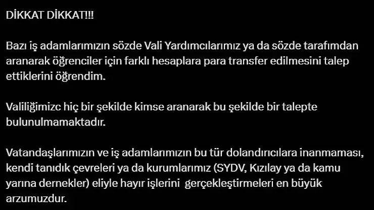 Vali Hatipoğlu'ndan dolandırıcılık olaylarına karşı uyarı