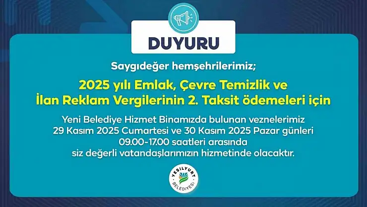 Yeşilyurt Belediye vezneleri, hafta sonu hizmet verecek