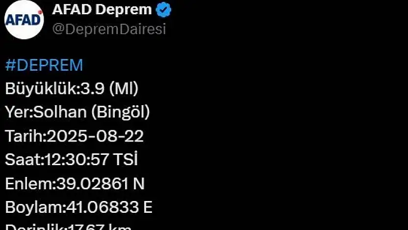 Bingöl'de 3.9 büyüklüğünde deprem