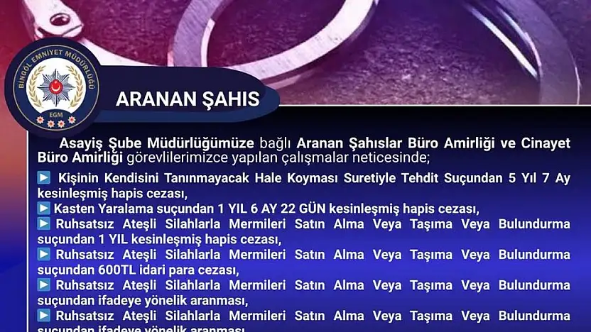 Bingöl'de kesinleşmiş hapis cezası bulunan şüpheli yakalandı